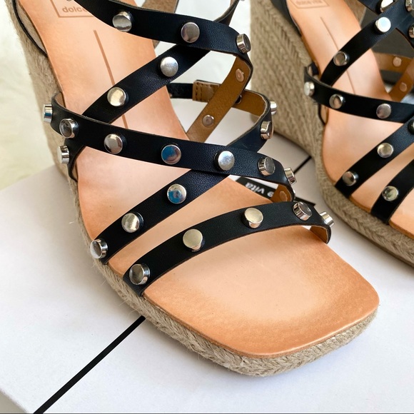 NIB DOLCE VITA Size 8 Studded Black Strappy Espadrille Wedges - Picture 3 of 9